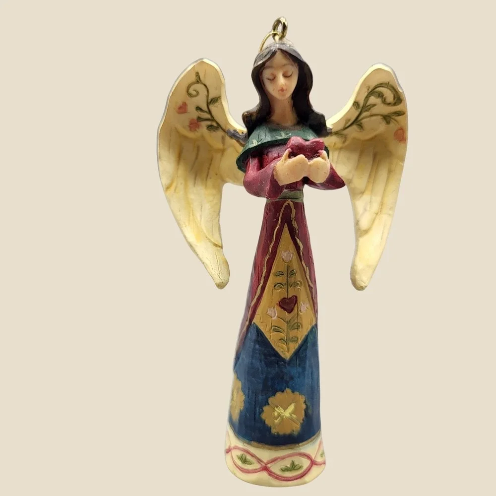 Vintage Resin Angel Ornament Figure Christmas Holiday Red Heart Folk Art